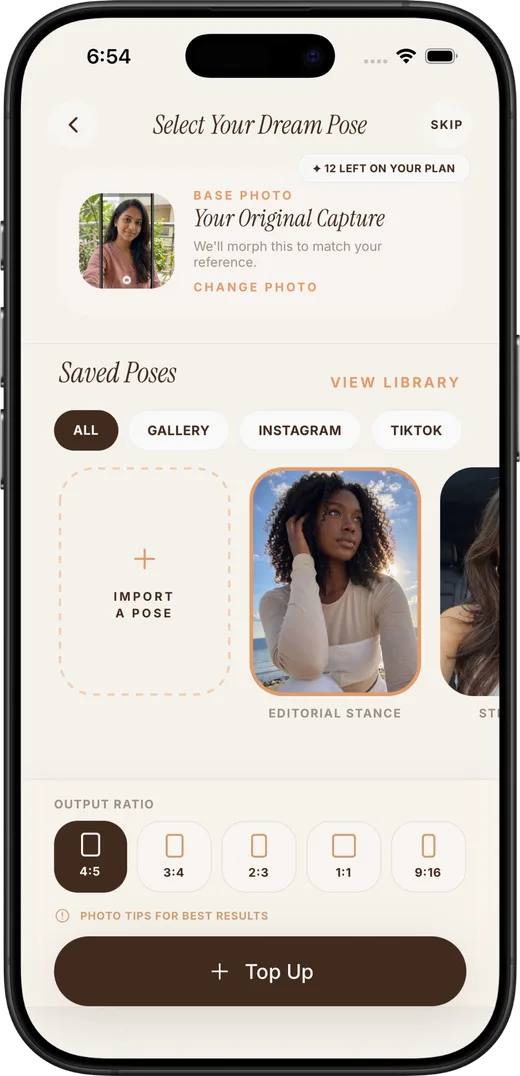 ShePoses pose selection: a clothed full-body reference pose next to the user’s photo before generating.
